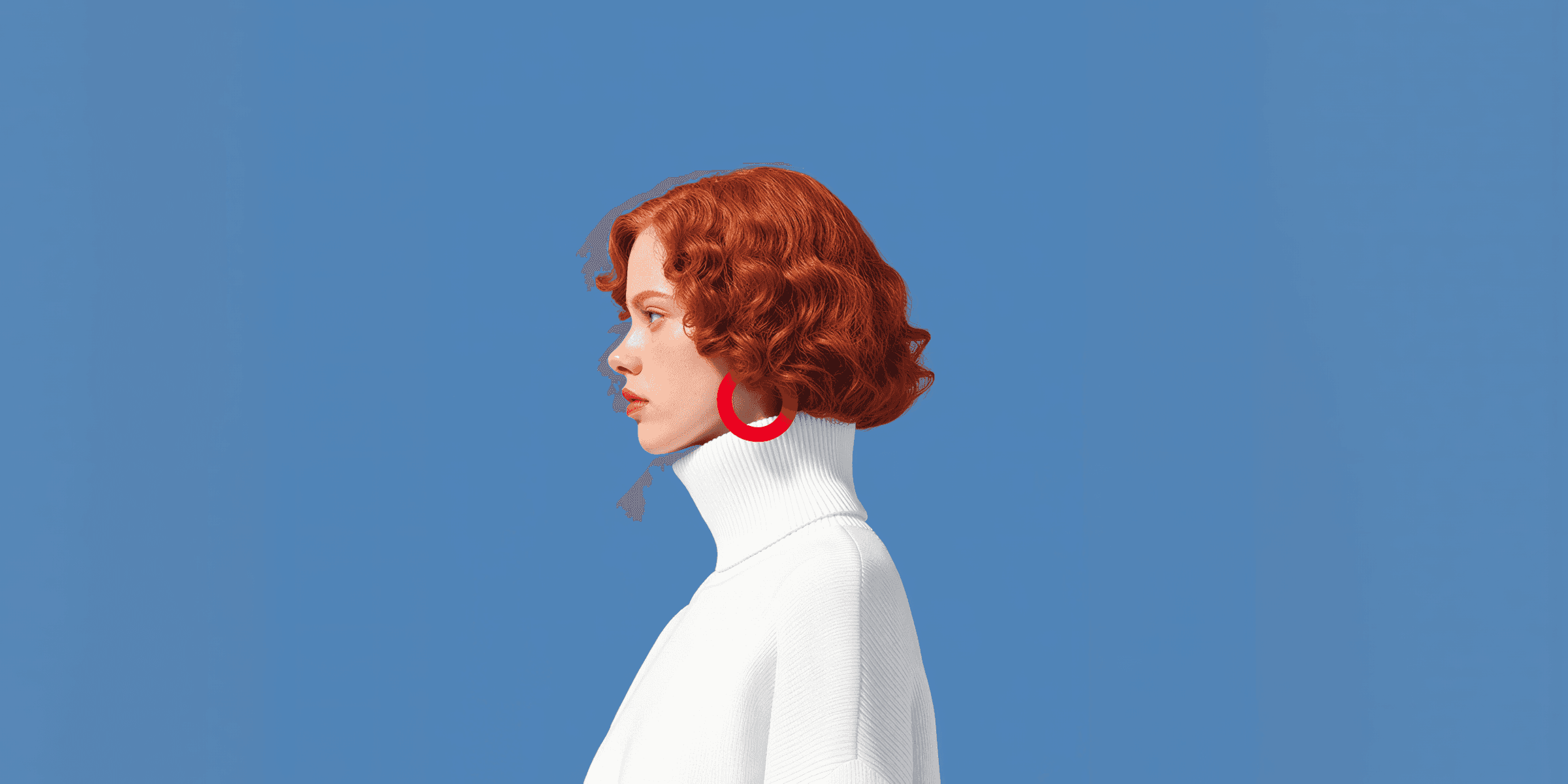 Woman in profile wearing a white turtleneck and red hoop earring against a blue background